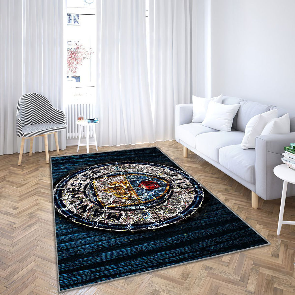 Manchester City Fc Tapis Sol - Tapis De Salon, Premier League Club De Football Anglais En Bois Bleu Tapis Art, Tapis pour la décoration de la maison