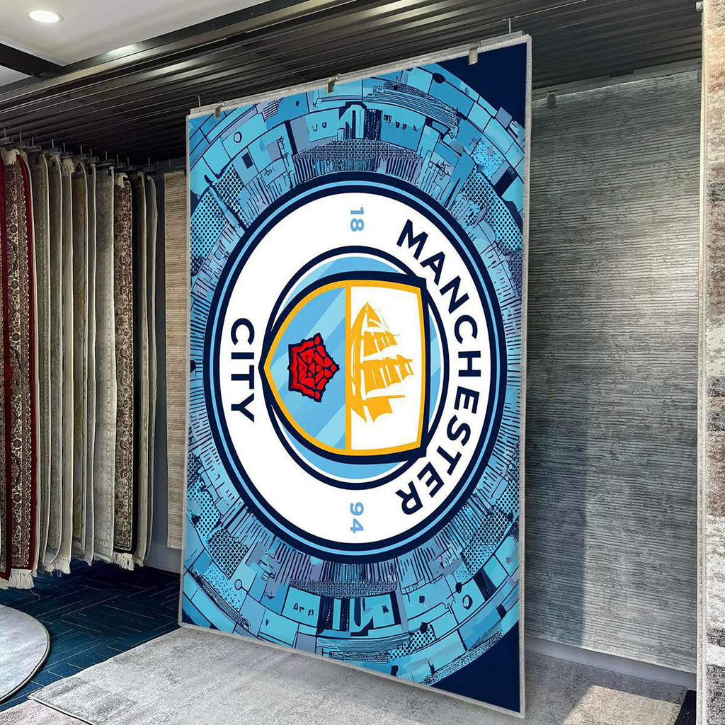 Tapis Manchester City Moderne Épuré Logo à offrir – une déco football qui donne du caractère à la salle de jeu