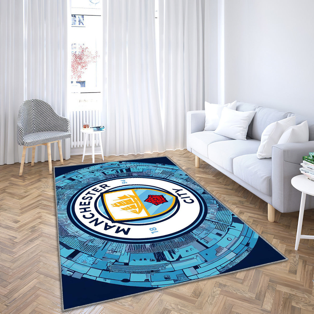 Tapis Manchester City Moderne Épuré Logo à offrir – une déco football qui donne du caractère à la salle de jeu