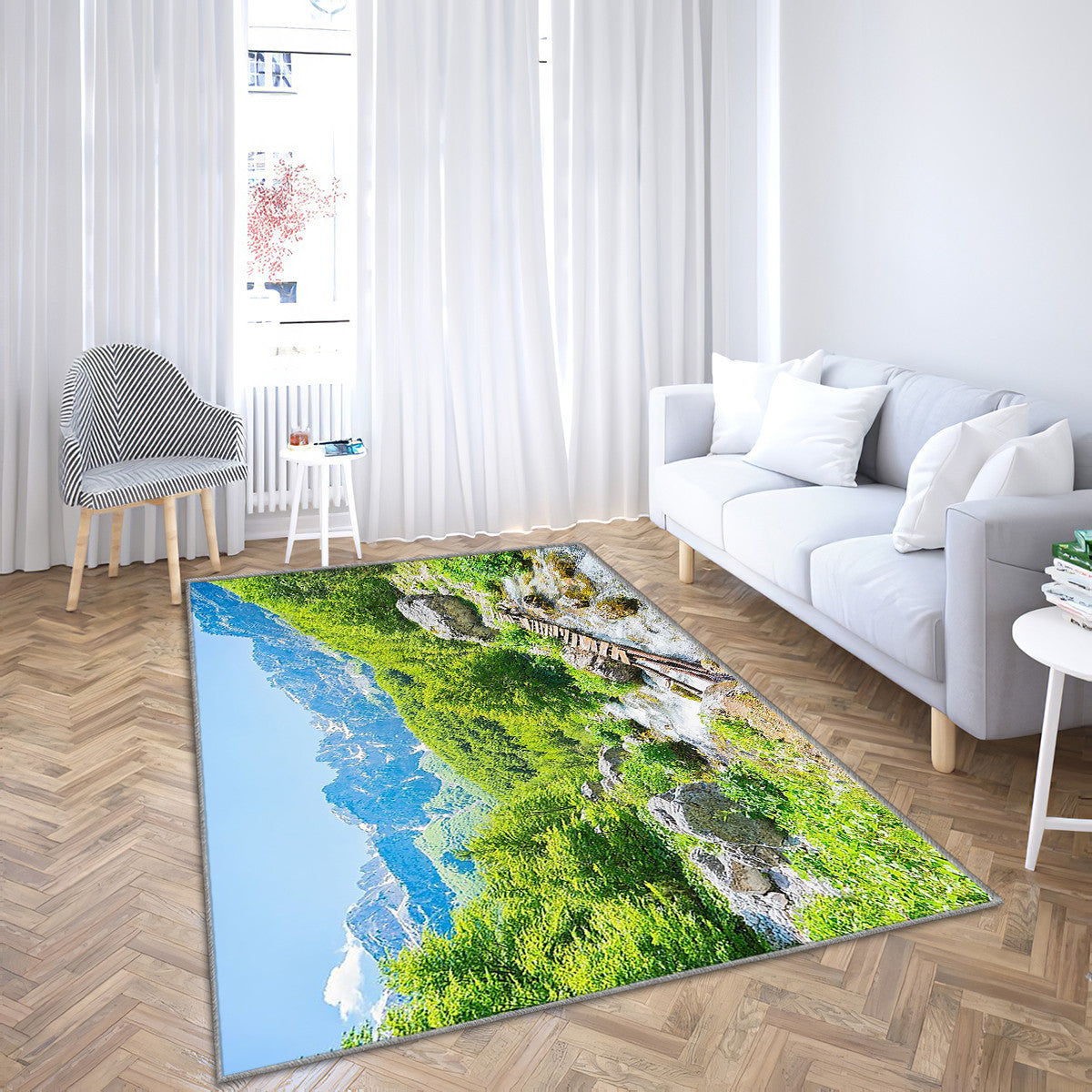 Bridge and stream in Valbona valley with Albanian Alps background Multi Panel Canvas Wall Art