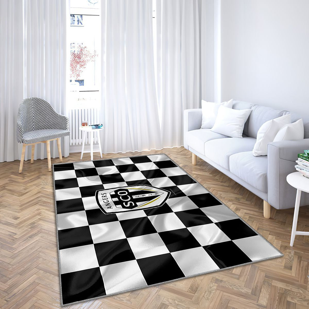 Logo Angers Sco Tapis Sol - Tapis De Salon, Drapeau Blanc Noir Footballangers Français Tapis Art, Tapis pour la décoration de la maison